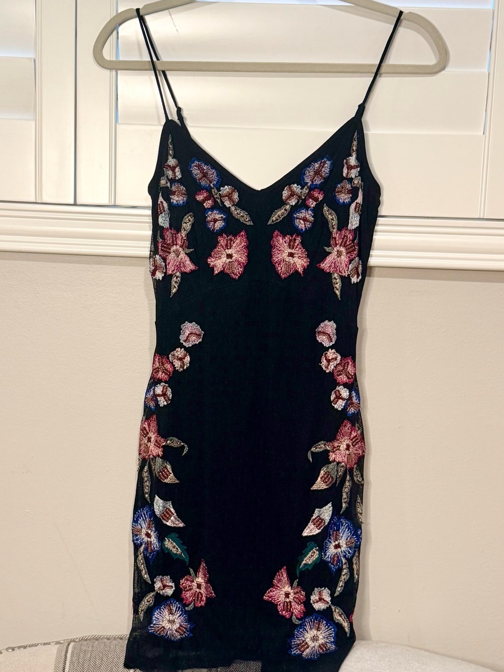 Guess Black Slip Dress with Multicolor Floral Embroidery